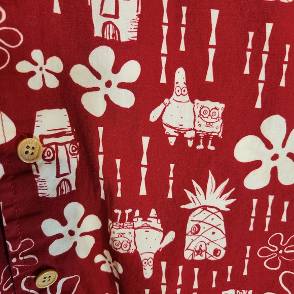 Sponge Bob Square Pants Button Down Shirt. Red and White Floral Men's XS Festive - Picture 8 of 10